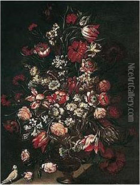 Still Life Of Various Flowers In An Ormolu Vase Oil Painting - Mario Nuzzi Mario Dei Fiori