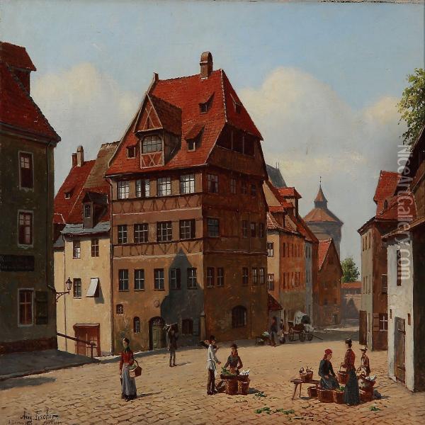Street Scene From Nuremberg With Albrecht Durer's House On Tiergartnertorplatz Oil Painting - August Fischer