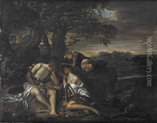 A Sleeping Couple, Discovered By Three Women In An Arcadian Landscape Oil Painting - Carel de Moor