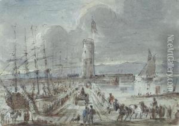 Soldiers And Horse-drawn Carts On The Pier At Whitehaven With Trading Brigs Moored Alongside Oil Painting - Sir James Stewart