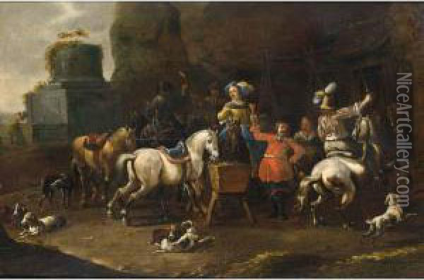 A Merry Hunting Party Resting Near An Inn With Hounds In The Foreground Oil Painting - Simon Johannes van Douw
