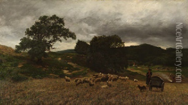 Schafer Mit Seiner Herde Unter Gewitterhimmel In Weiter Landschaft Oil Painting - Heinrich Boehmer