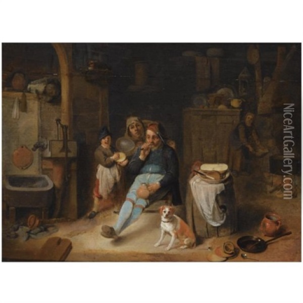 A Barn Interior With A Peasant Seated Holding A Jug, A Young Boy Holding A Rumbling-pot, Other Figures, And A Dog Next To Kitchen Utensils In The Foreground Oil Painting - Pieter Jacobsz Duyfhuysen