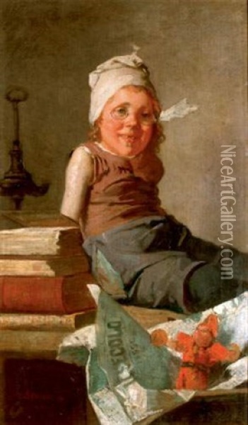 Jeune Enfant Assis Sur Une Commode Au Premier Plan Une Marionnette Et Le Journal Il Seclo Oil Painting - Antonio Mancini