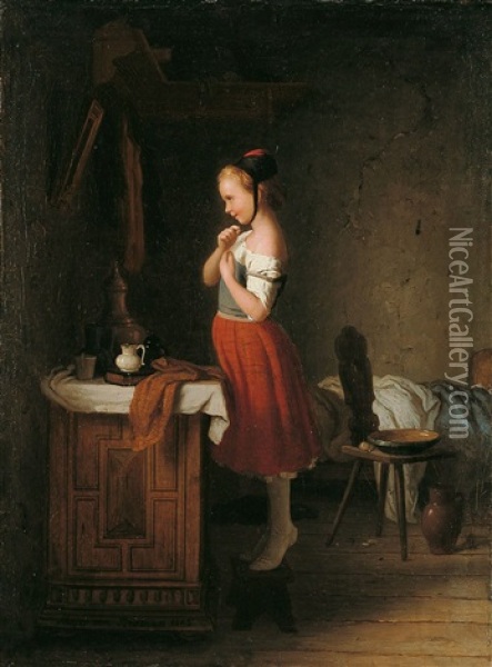 Junges Madchen Vor Dem Spiegel Oil Painting - Johann Georg Meyer von Bremen