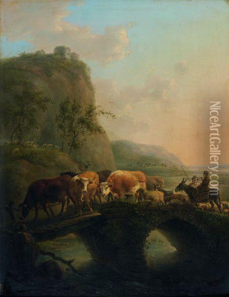  Berger Et Son Troupeau Traversant Un Pont  Oil Painting - Jean-Baptiste De Roy