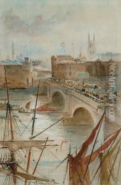 Traffic On London Bridge Oil Painting - Charles James Lauder