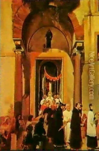 A Procession Leaving An Italian Church Oil Painting - Christoffer Wilhelm Eckersberg
