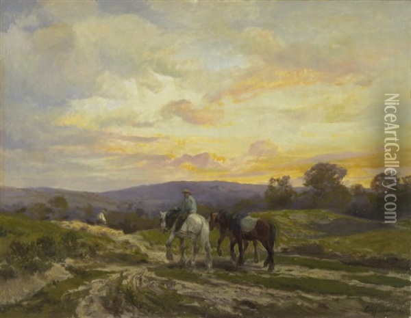 Abendliche Landschaft Mit Heimkehrendem Bauer Und Pferden Oil Painting - Clement (Charles-Henri) Quinton