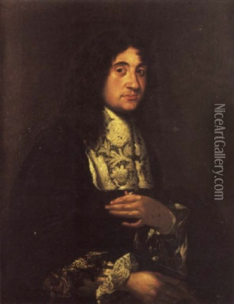 Portrait Of A Gentleman In A Black Costume With A Lace Jabot Amd Cuffs Oil Painting - Pier Leone Ghezzi