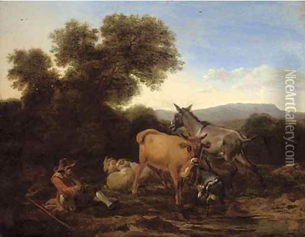 A wooded landscape with a shepherd and his flock resting Oil Painting - Nicolaes Berchem