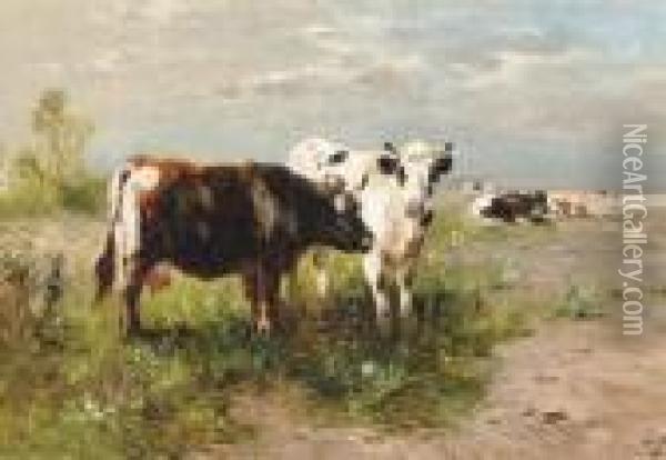 Koeien Bij De Oever Oil Painting - Henry Schouten