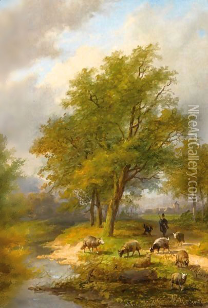 A Shepherd And His Flock In A Summer Landscape Oil Painting - Jan Evert Morel