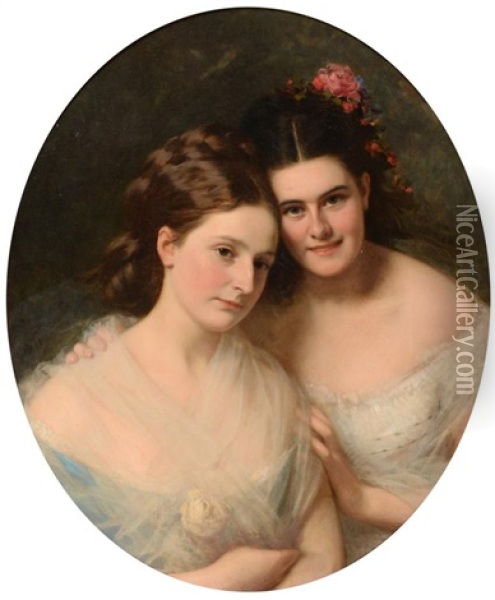A Double Portrait Of Two Young Ladies, Half Length Oil Painting - Hermann Winterhalter