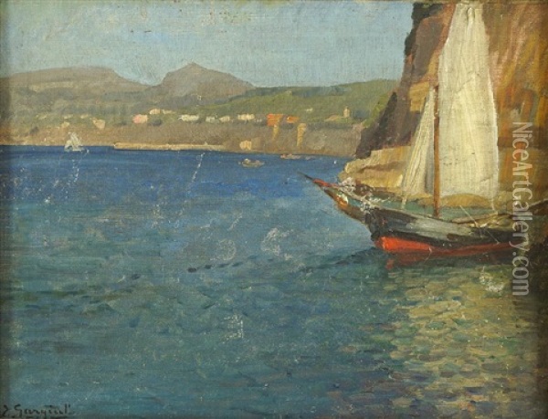 Mediterrane Kustenlandschaft Mit Segelboot Oil Painting - Enrico Gargiulo