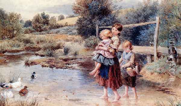 Children Paddling In A Stream Oil Painting - Myles Birket Foster