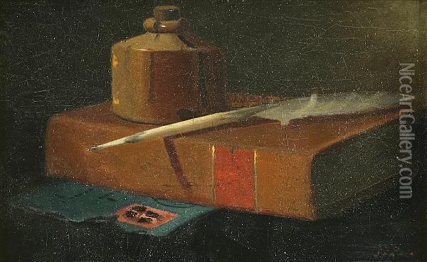 Inkwell, Quill And Book Oil Painting - John Frederick Peto