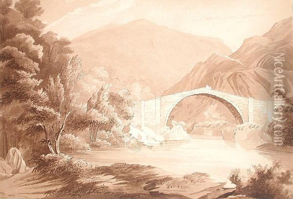 Bridge In A Rural Landscape Oil Painting - John Warwick Smith