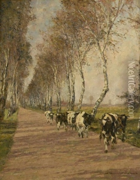Viehtrieb. Schwarz-bunte Kuhe Auf Einer Birkenallee In Sommerlicher Landschaft Oil Painting - Wilhelm Hambuechen