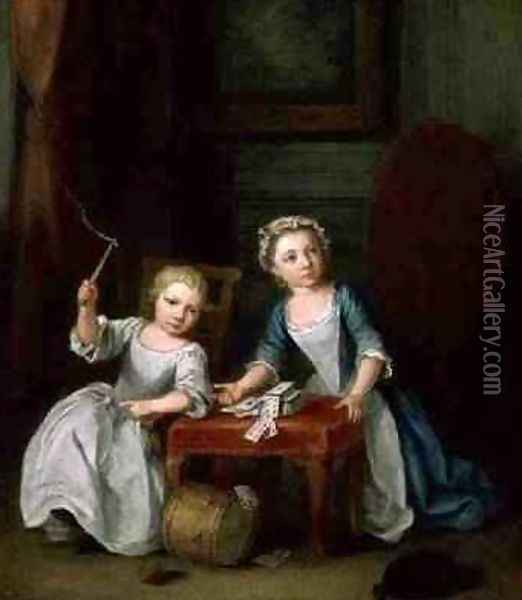 Two Children of the Nollekens Family Probably Jacobus and Maria Sophia Playing With a Top and Playing Cards 1745 Oil Painting - Joseph Francis Nollekens