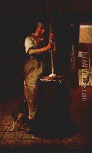 Une Femme Battant Le Beurre (woman Churning Butter) Oil Painting - Jean-Francois Millet