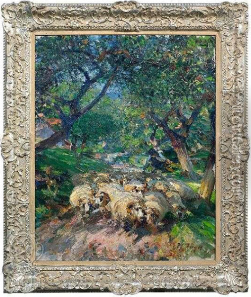 Flock Of Sheep Conducted By A German Shepherd. Oil Painting - Heinrich Johann Von Zugel
