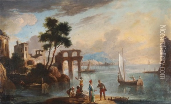 Mittelmeerhafen Mit Ruinen Und Festung Im Abendlicht Oil Painting - Charles Francois Lacroix