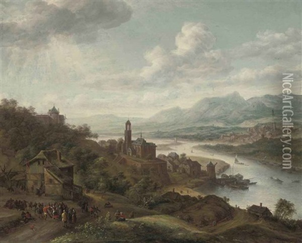 A Rhenish River Landscape With Peasants Dancing Before An Inn, A Village With A Church And Shipping Beyond Oil Painting - Robert Griffier