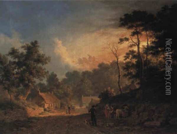 Landscape With Figures By A Village At Sunset Oil Painting - Abraham Pether