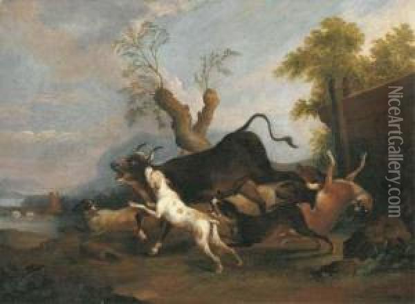 A Pastoral River Landscape With Hounds Chasing A Bull Oil Painting - Adriaen Cornelisz. Beeldemaker