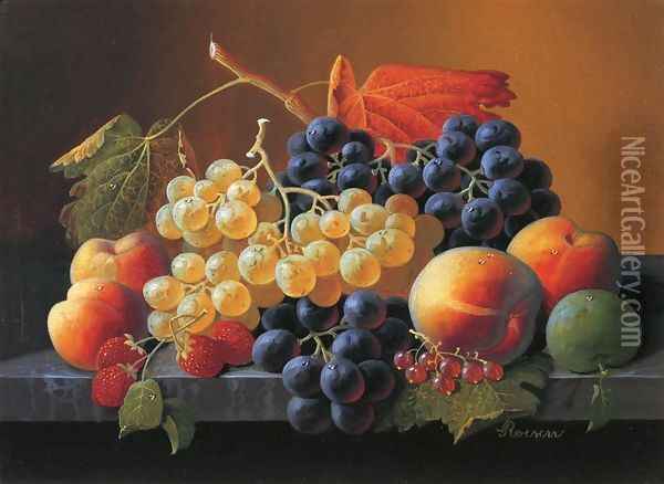 Still Life of Fruit on a Marble Tabletop Oil Painting - Severin Roesen
