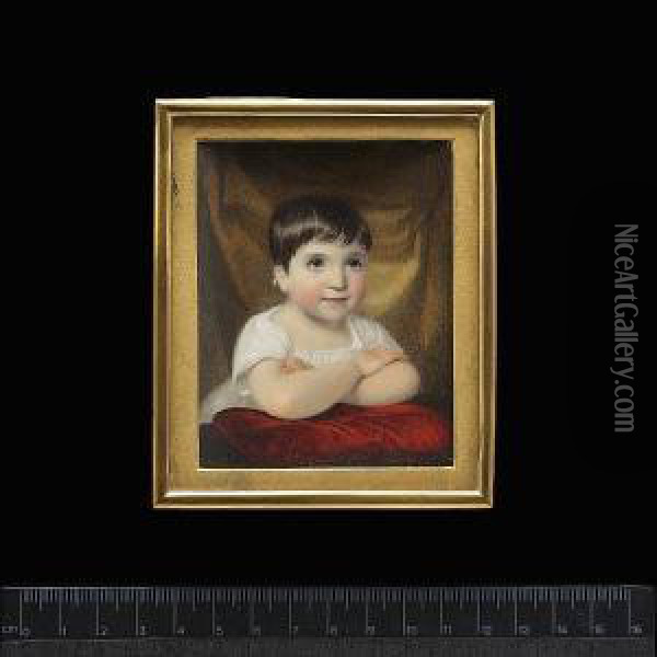 Fanny Maria Anderson, Aged Four Years, Wearing White Dress And Leaning, With Folded Arms On A Red Cushion, Dark Cream Curtain Background. Oil Painting - Charles John Robertson