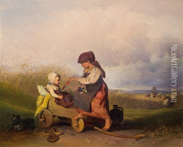 Geschwisterliche Fursorge Oil Painting - Johann Baptist Wengler