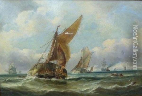 Hay Barges And Other Ships In An Estuary Oil Painting - George Chambers