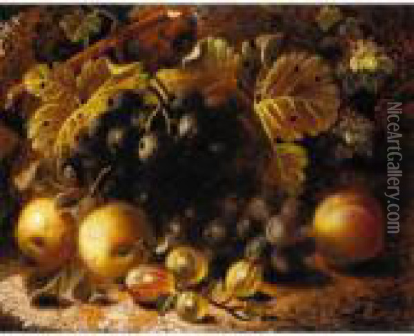 Still Life Of Goosebery's And Grapes; Still Life Of Bird's Nest With Flowers Oil Painting - Oliver Clare
