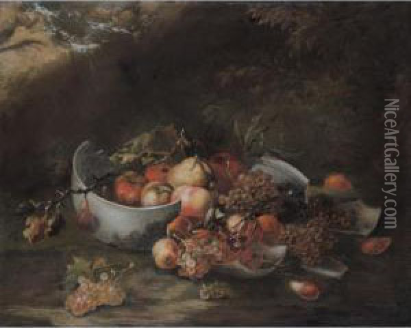 Still Life With A Broken Bowl 
Together With Apples, Grapes, Peaches, Pears And Various Other Fruit, In
 A Landscape Oil Painting - Bartolomeo Castelli Spadino