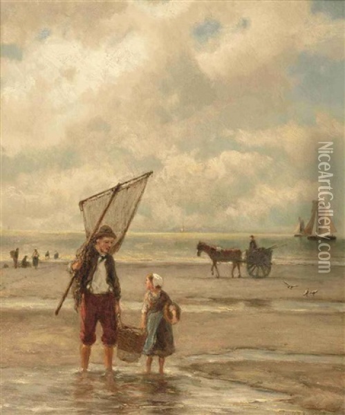 On The Beach Oil Painting - Johannes Hermanus Barend Koekkoek