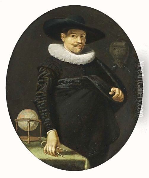 A Portrait Of A Geographer, Aged 34, Standing Three-Quarter Length, Wearing A Black Satin Suit With A White Lace Collar And A Black Hat, A Table With A Globe On The Left Oil Painting - Hendrick Gerritsz Pot