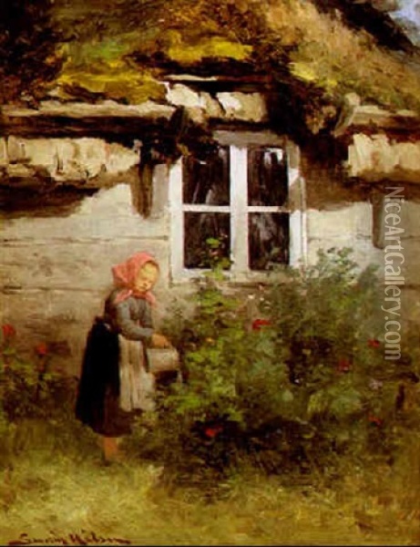 Liten Flicka Vattnar Rosenbuskar Oil Painting - Johan Severin Nilsson