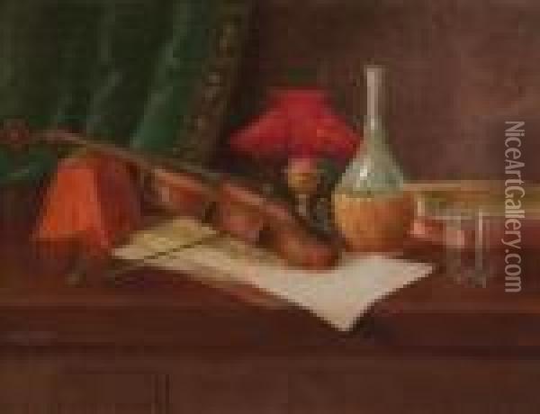 Still Life With Wine Bottle, Violin, Book And Lamp Oil Painting - Nicholas Alden Brooks