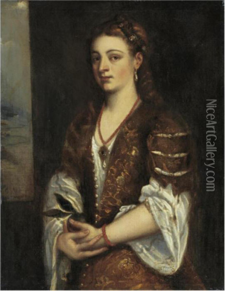 Young Woman Holding An Apple Oil Painting - Tiziano Vecellio (Titian)