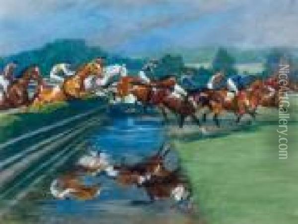 Grand Steeple Chase A Enghien, 26 Mai 1928 Oil Painting - Georges Louis Ch. Busson