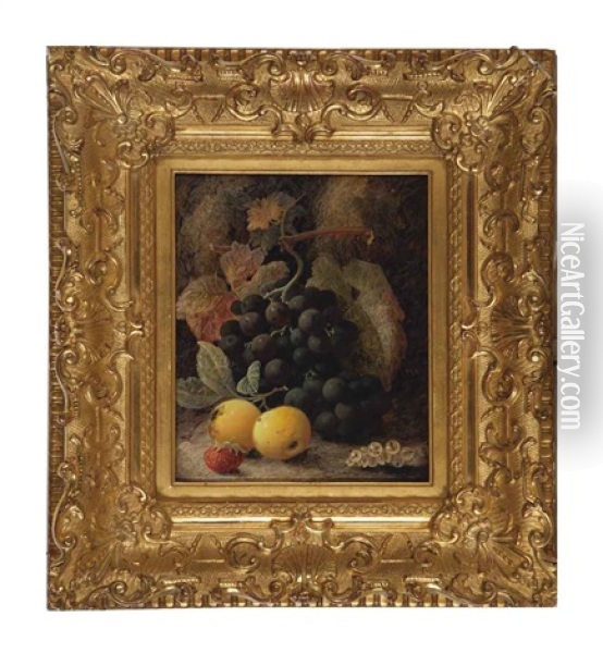 Still Life With Grapes, Plums And Strawberry Oil Painting - Oliver Clare