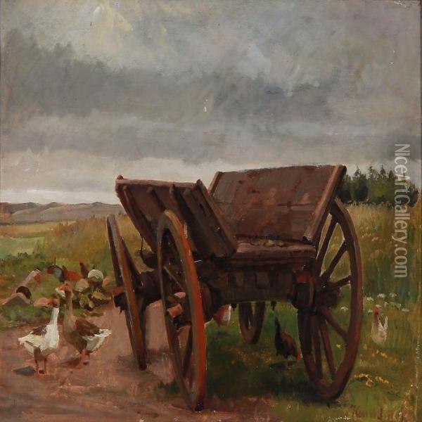 Landscape With Geese And Ducks Around An Old Wagon Oil Painting - Hans Ludvig Smidth