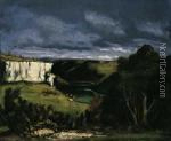 La Vallee De La Loue. Prise Du Mont. Im Vordergrund Zwei Jager Mit Einem Hund. Oil Painting - Gustave Courbet