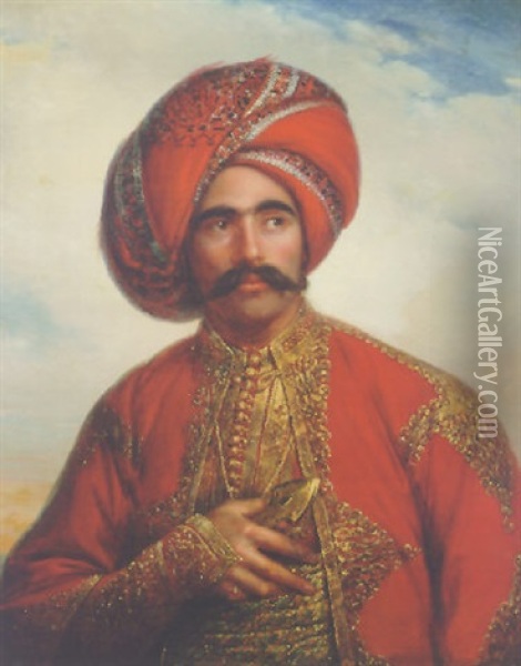 Portrait Of A Gentleman In Anglo-indian Costume Oil Painting - William Henry Florio Hutchinson