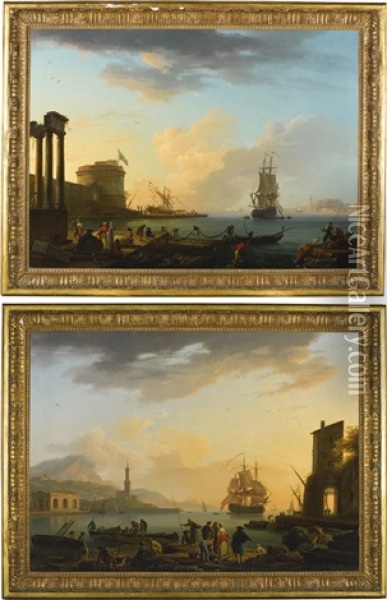 Morning: A Mediterranean Harbour Scene With Fishermen Laying Out Their Nets; Evening: A Mediterranean Harbour Scene With Fishermen And Their Catch Oil Painting - Claude Joseph Vernet
