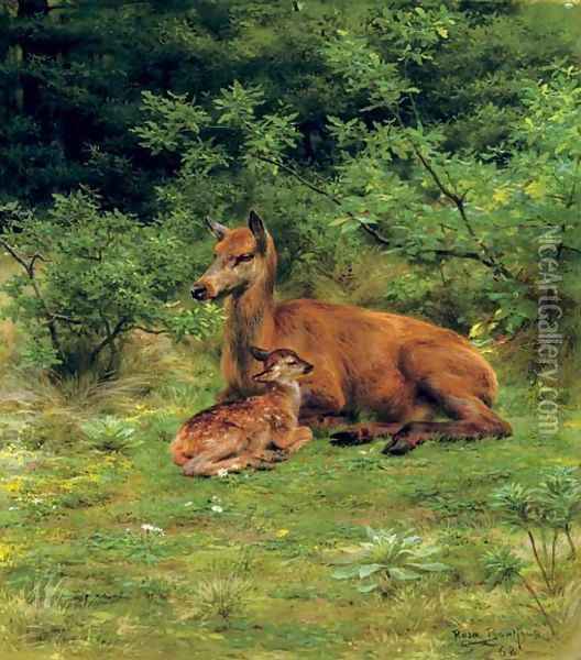 Biche et faon dans un sous-bois (A doe and her fawn in a thicket) Oil Painting - Rosa Bonheur