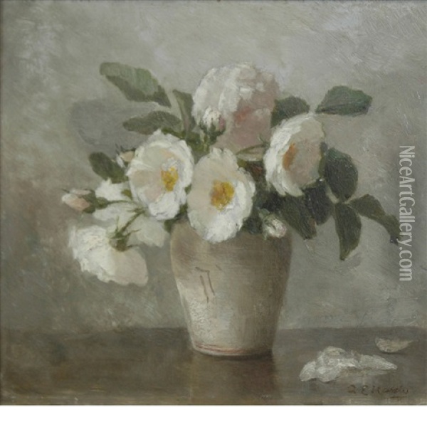 White Roses In A Vase Oil Painting - Anna Eliza Hardy