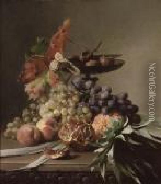 Grapes, Peaches, A Pomegranate And Pineapple Before A Tazza Oil Painting - David Emil Joseph de Noter